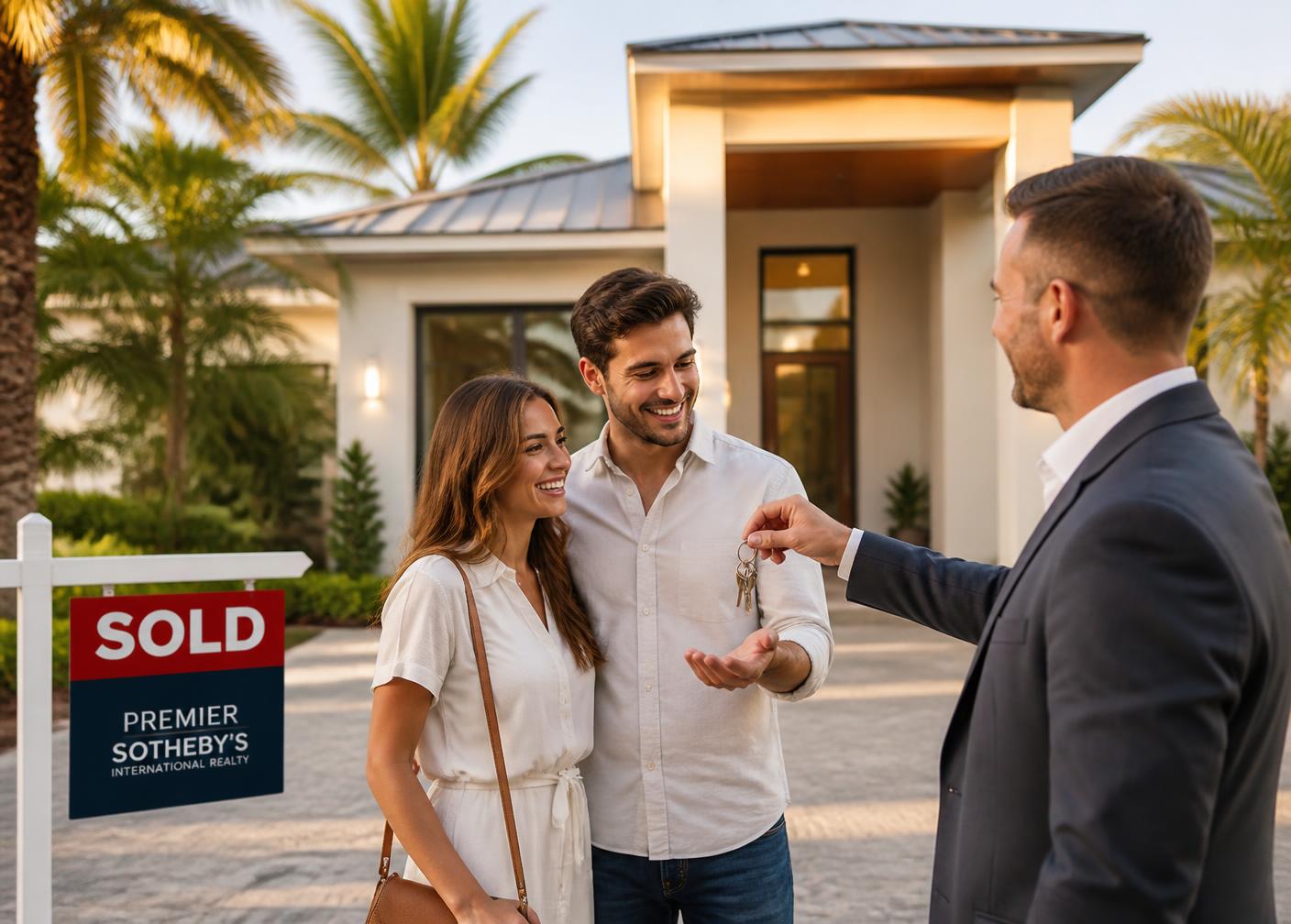 Keller Williams agent handing keys to a happy couple in front of their new Florida home